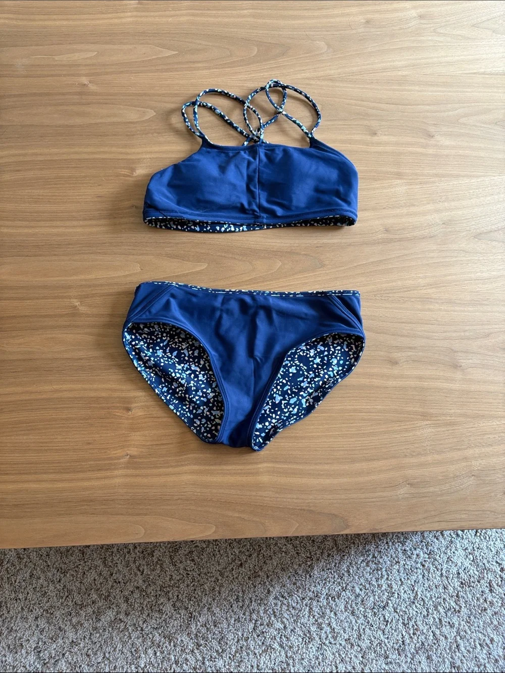 Athleta Navy Blue Confetti Print Girls Two-Piece Swim Set - reversible